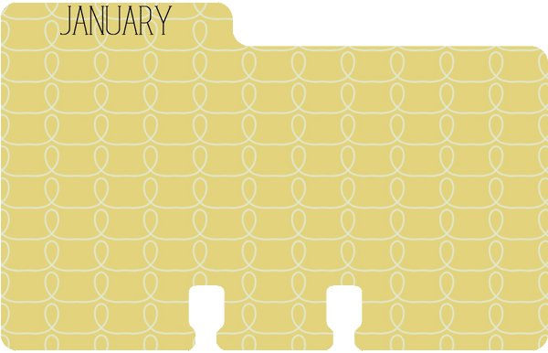 Monthly Rolodex Divider: The Rolodex Divider is yellow with a repeating white swirl pattern. The tab says JANUARY in black ink.
