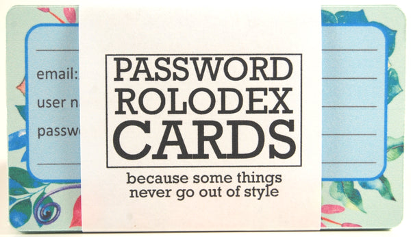 Pretty Rolodex cards in a wrapper that says "Password Rolodex Cards - because some things never go out of style"